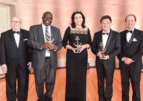 The 2016 Global Health Award Winners with Project HOPE's Chairman of the Board, Dick Clarke (far left) and Project HOPE's President and CEO, Dr. Tom Kenyon (far right)