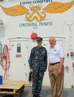 Dr. Howe and Captain Rachel Haltner onboard the USNS Comfort docked in Baltimore.