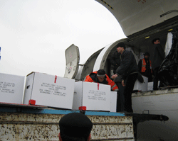 Medicines and supplies donated by Project HOPE are offloaded after an airlift funded by the U.S. Department of State in Dushanbe, Tajikistan