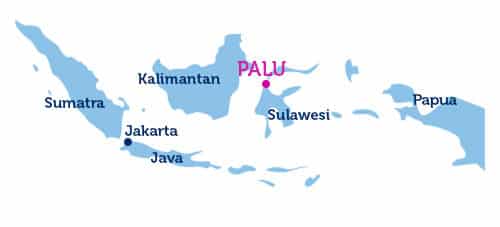 Map of Indonesia with several cities highlighted and Palu is highlighted in blossom color