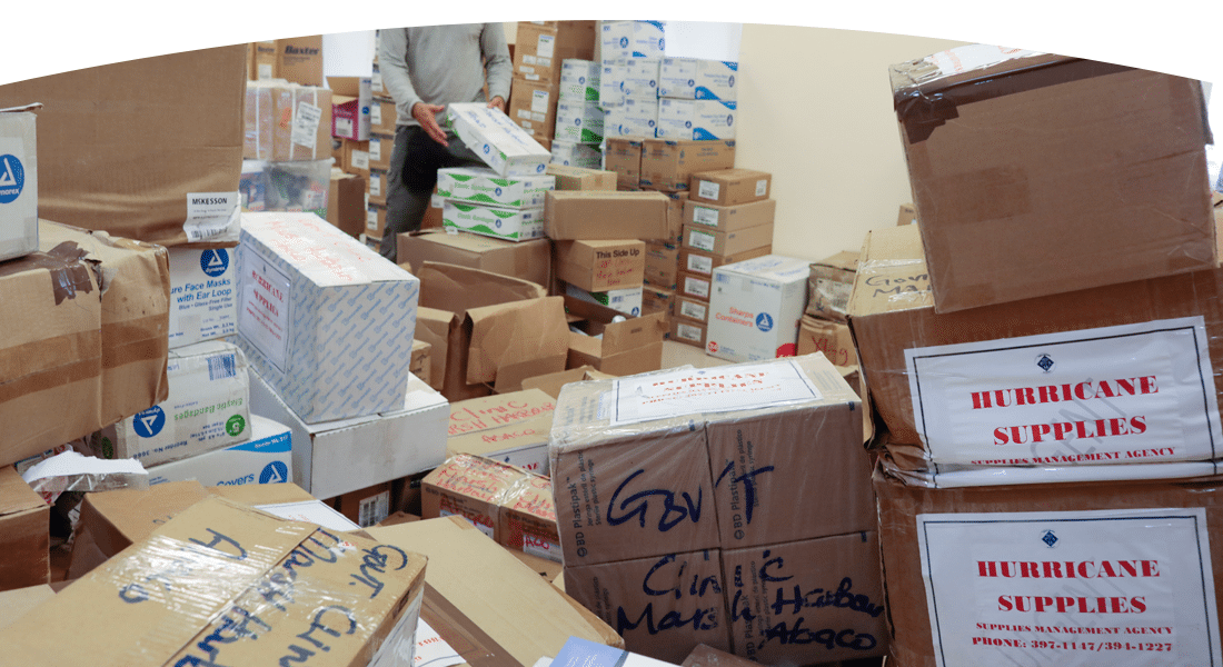 Boxes of donated items in a clinic in the Bahamas after hurricane Dorian.