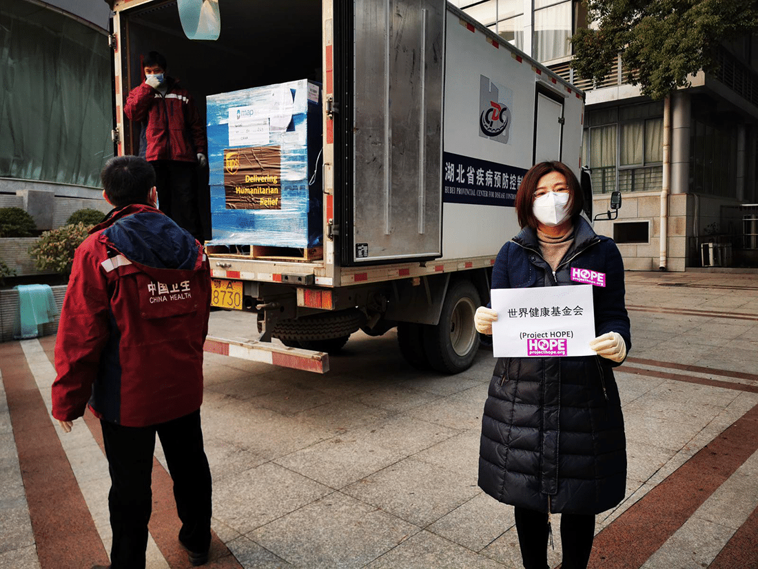 Project HOPE staff in China have received the first shipment of critically needed protective equipment, including 2 million face masks, 11,000 protective suits, and 280,000 pairs of exam gloves provided by MAP International and MedShare, utilizing in-kind transport from UPS.