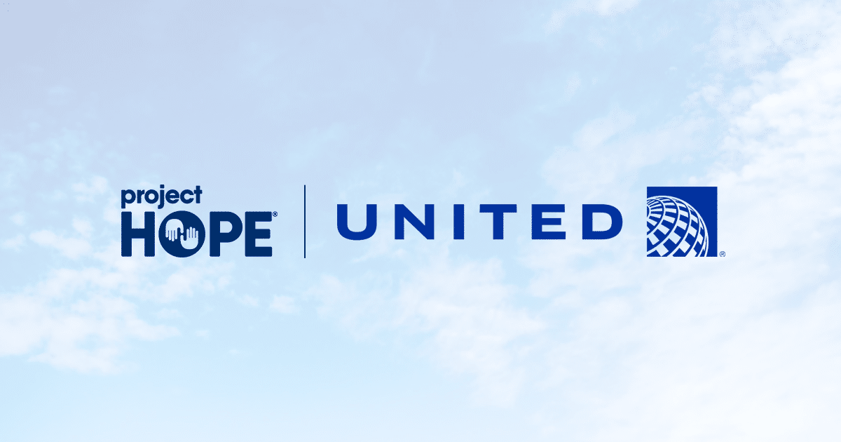 The Project Hope logo next to the United logo on a background image of clouds