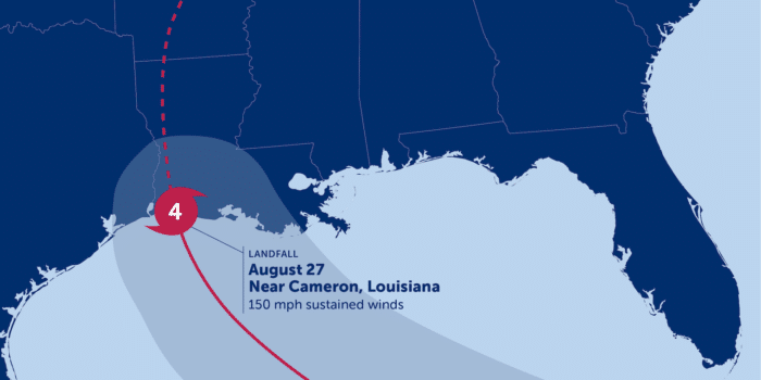 map of Southeast USA with Hurricane Laura path shown at Louisiana