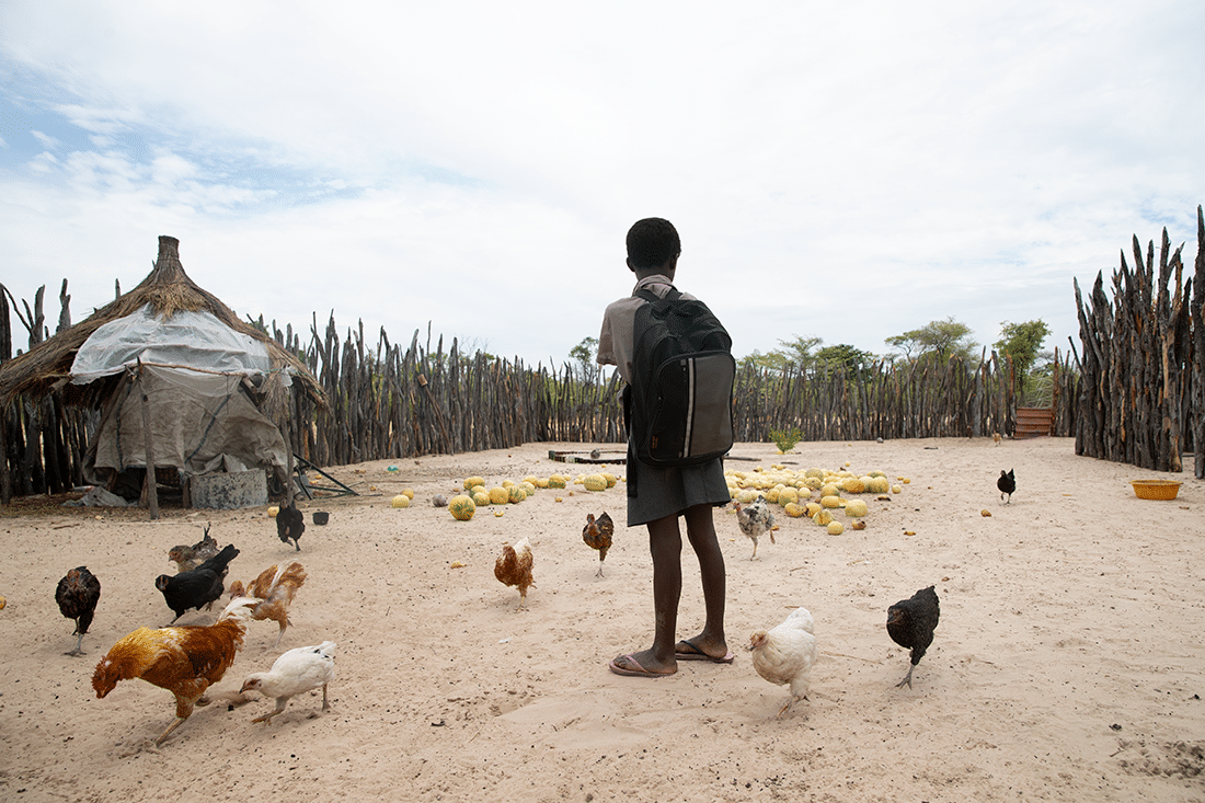 boy surrounded by chickens in Namibia