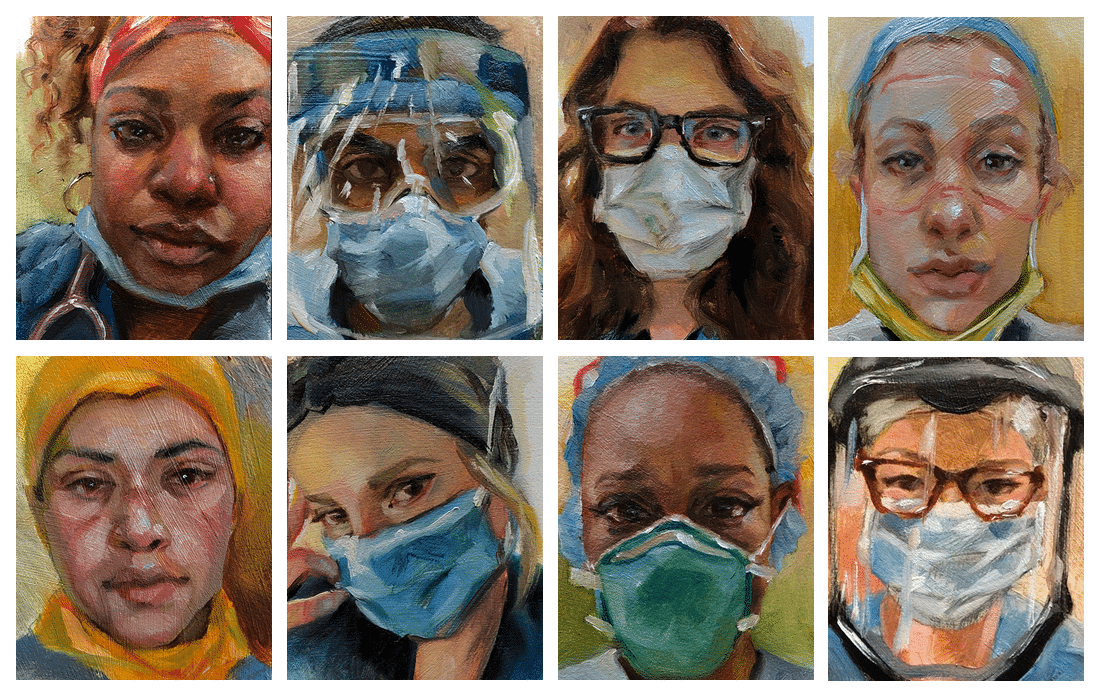 Collage of painted portraits of health workers.
