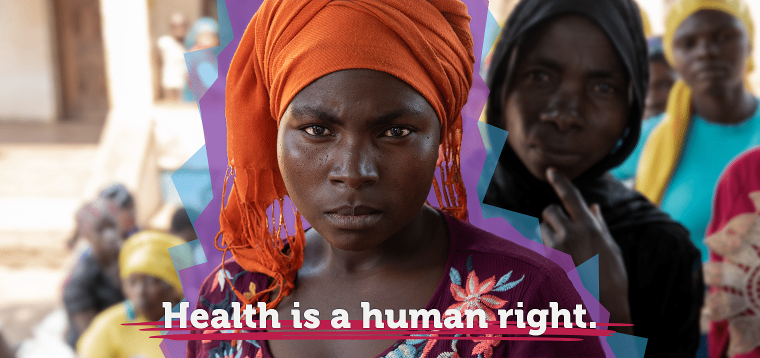 women staring at camera with text overlay saying "health is a human right"