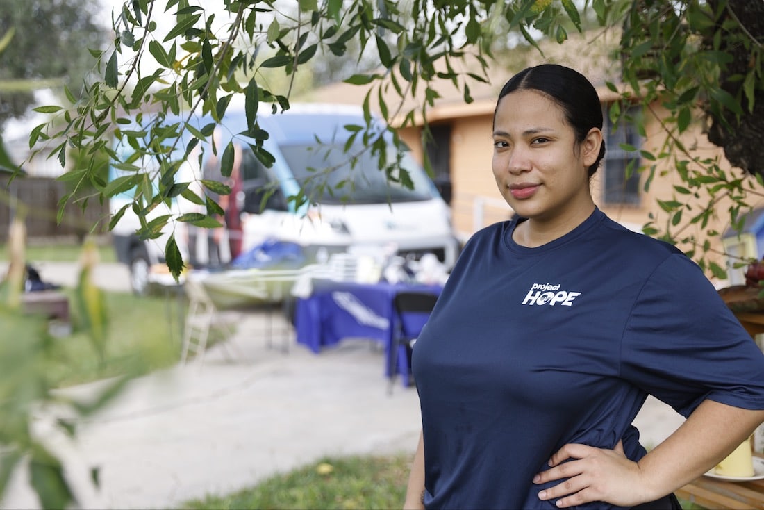 Community health worker Lesly Galvan at a mobile clinic in McAllen, Texas