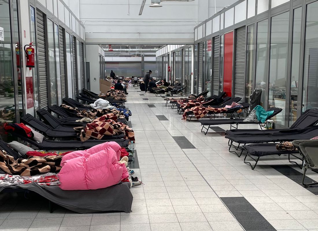 Beds at a staging area for Ukrainian refugees in Korczowa, Poland