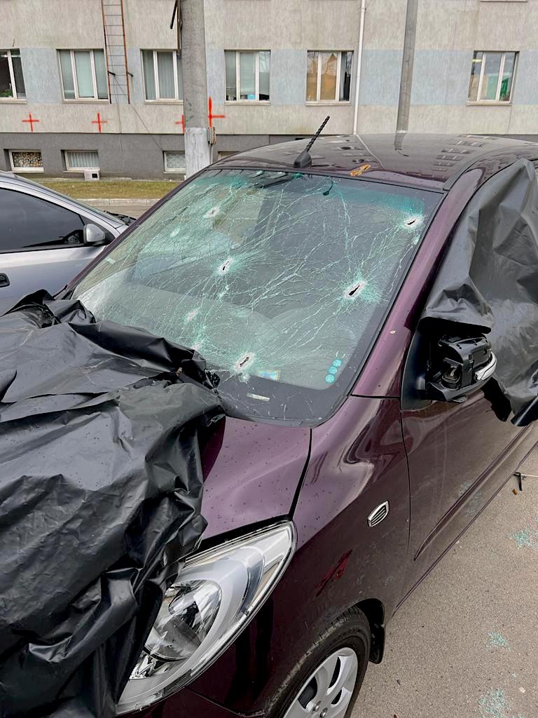 A doctor's car riddled with bullets in Irpin, Ukraine