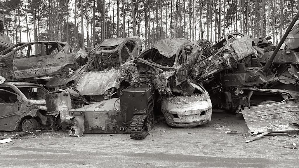 Pile of destroyed cars in Ukraine