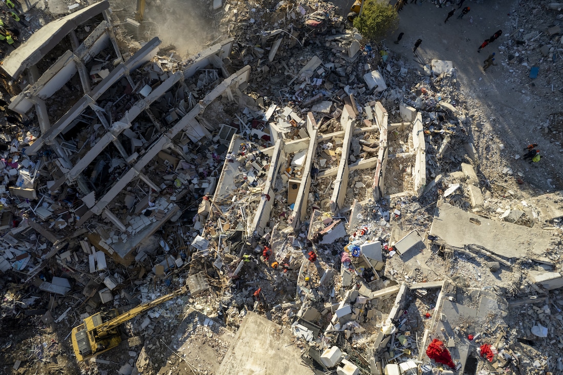 drone image of destruction in Turkey