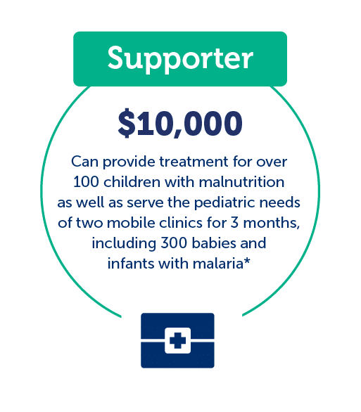 Supporter: $10,000 Can provide treatment for over 100 children with malnutrition as well as serve the pediatric needs of two mobile clinics for three months, including 300 babies and infants with malaria