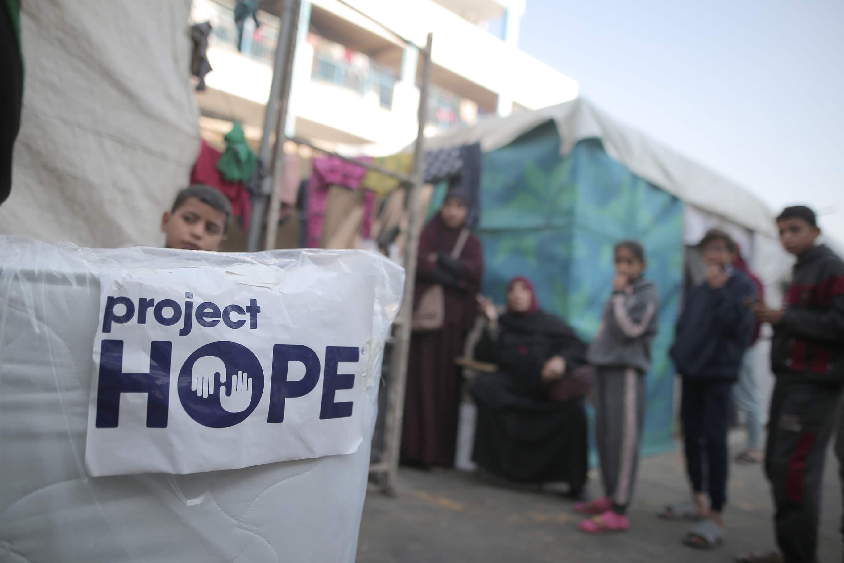 close up of mattress with Project HOPE logo in Gaza