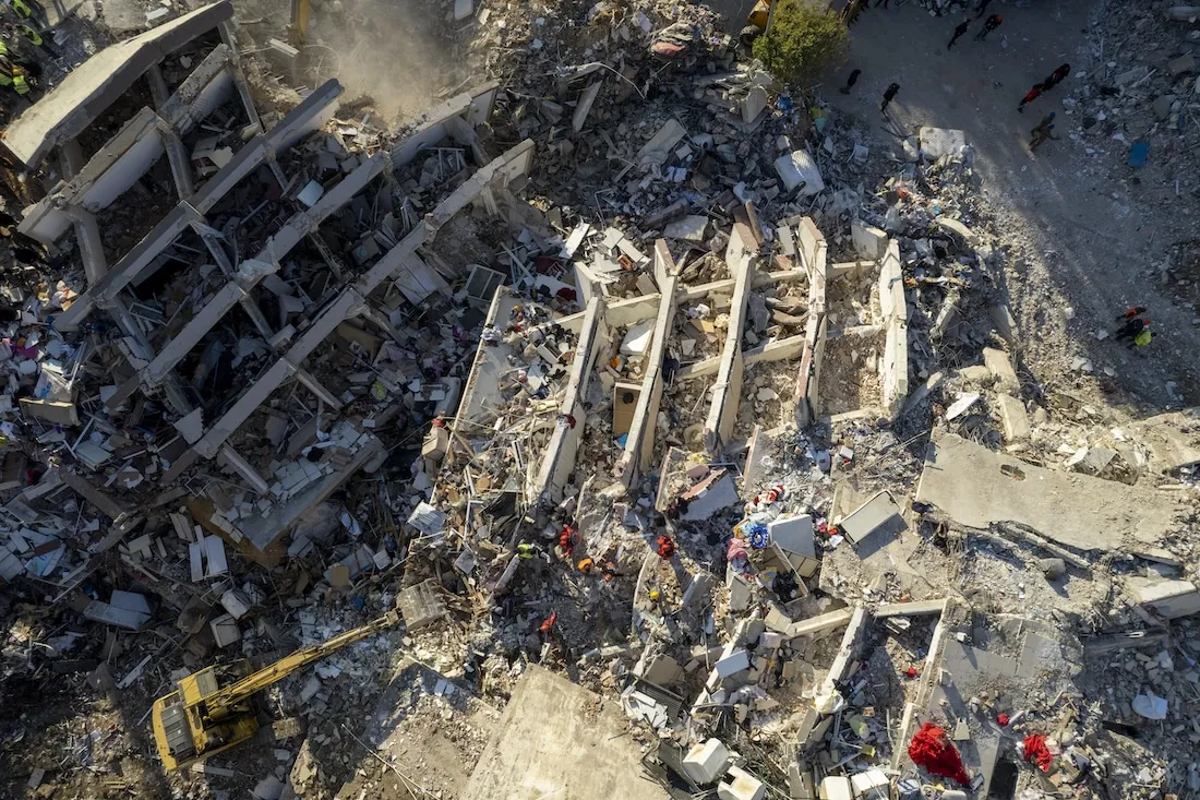 drone image of destruction in Turkey