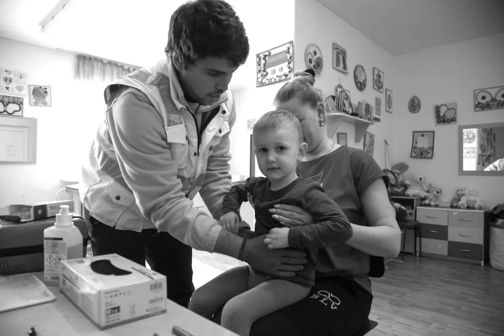 A Ukrainian boy at a border clinic in Moldova
