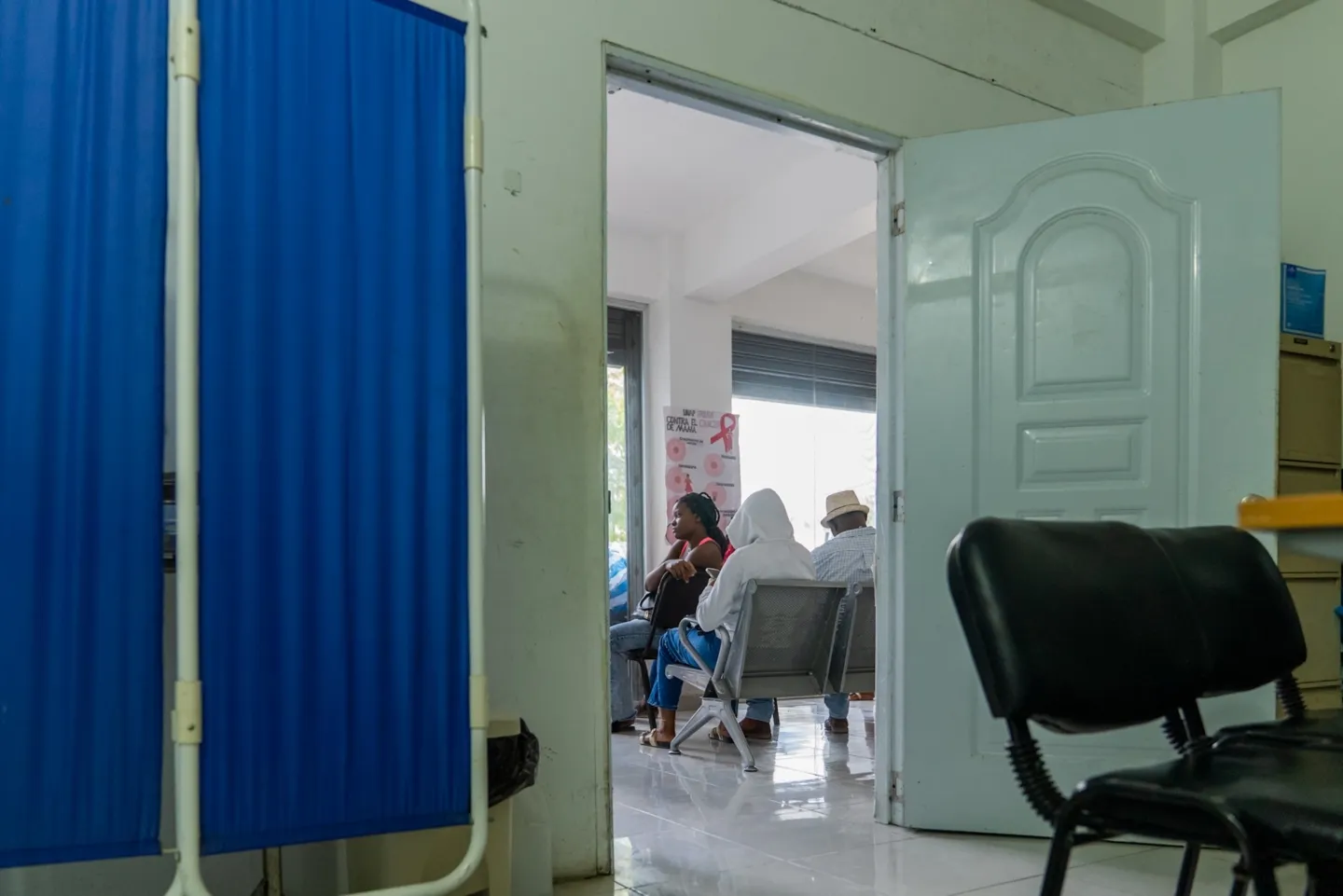 view of hospital waiting room from inside a clinic in Dominican Republic