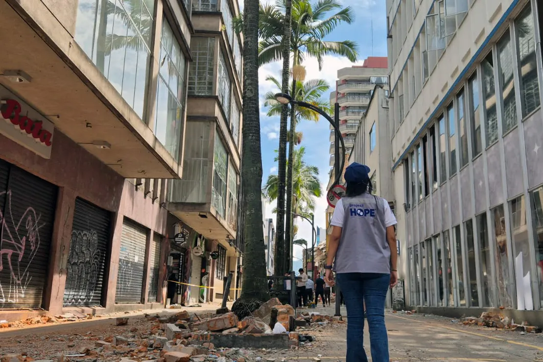 destroyed street after earthquakes in Colombia